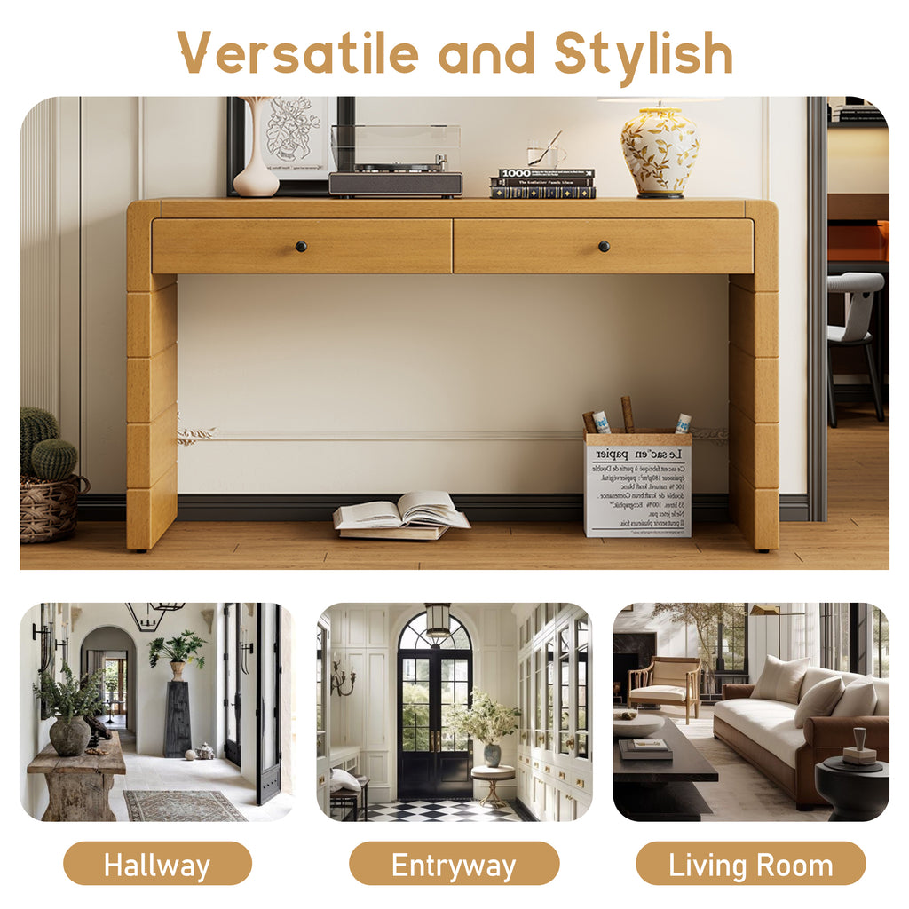 TREXM Curved Console Table with Storage, Wooden Entryway Table with 2 Drawers, Farmhouse Rustic Console Tables for Entryway, Hallway, Living Room, Natural