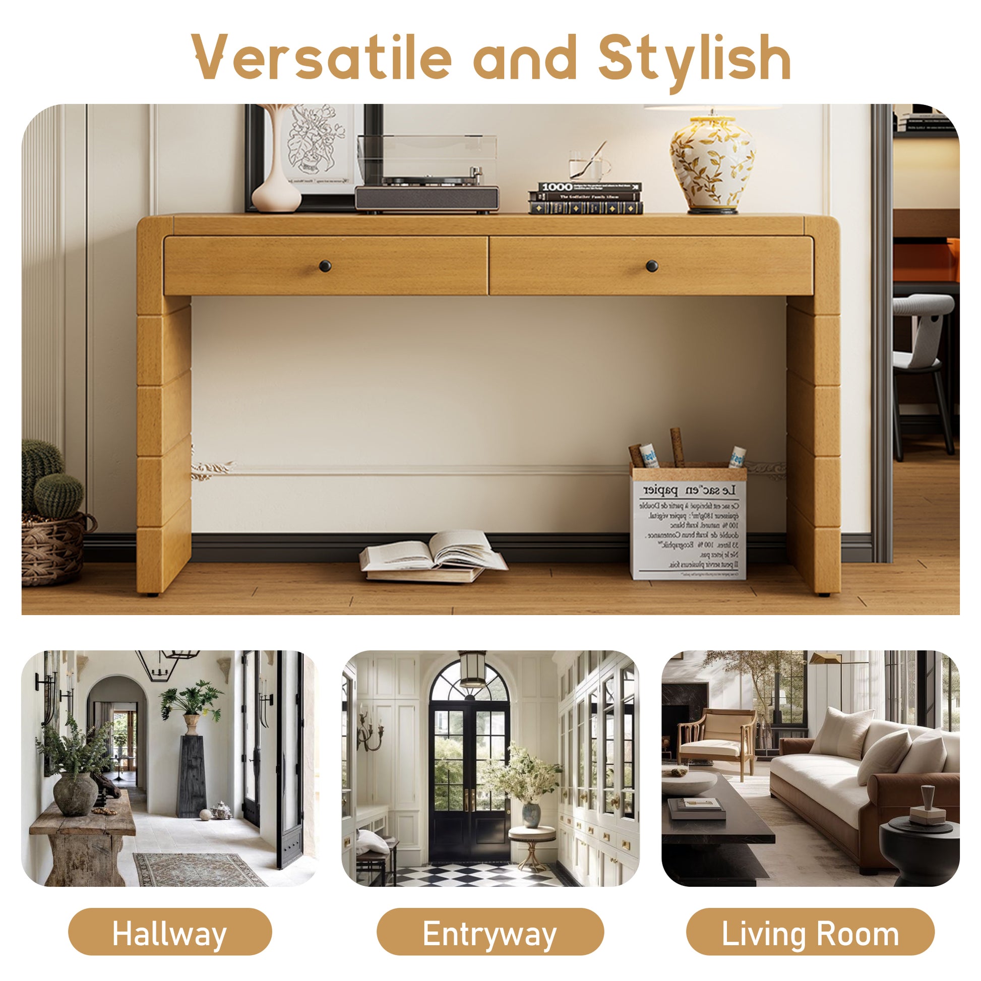 TREXM Curved Console Table with Storage, Wooden Entryway Table with 2 Drawers, Farmhouse Rustic Console Tables for Entryway, Hallway, Living Room, Natural