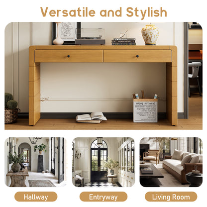 TREXM Curved Console Table with Storage, Wooden Entryway Table with 2 Drawers, Farmhouse Rustic Console Tables for Entryway, Hallway, Living Room, Natural