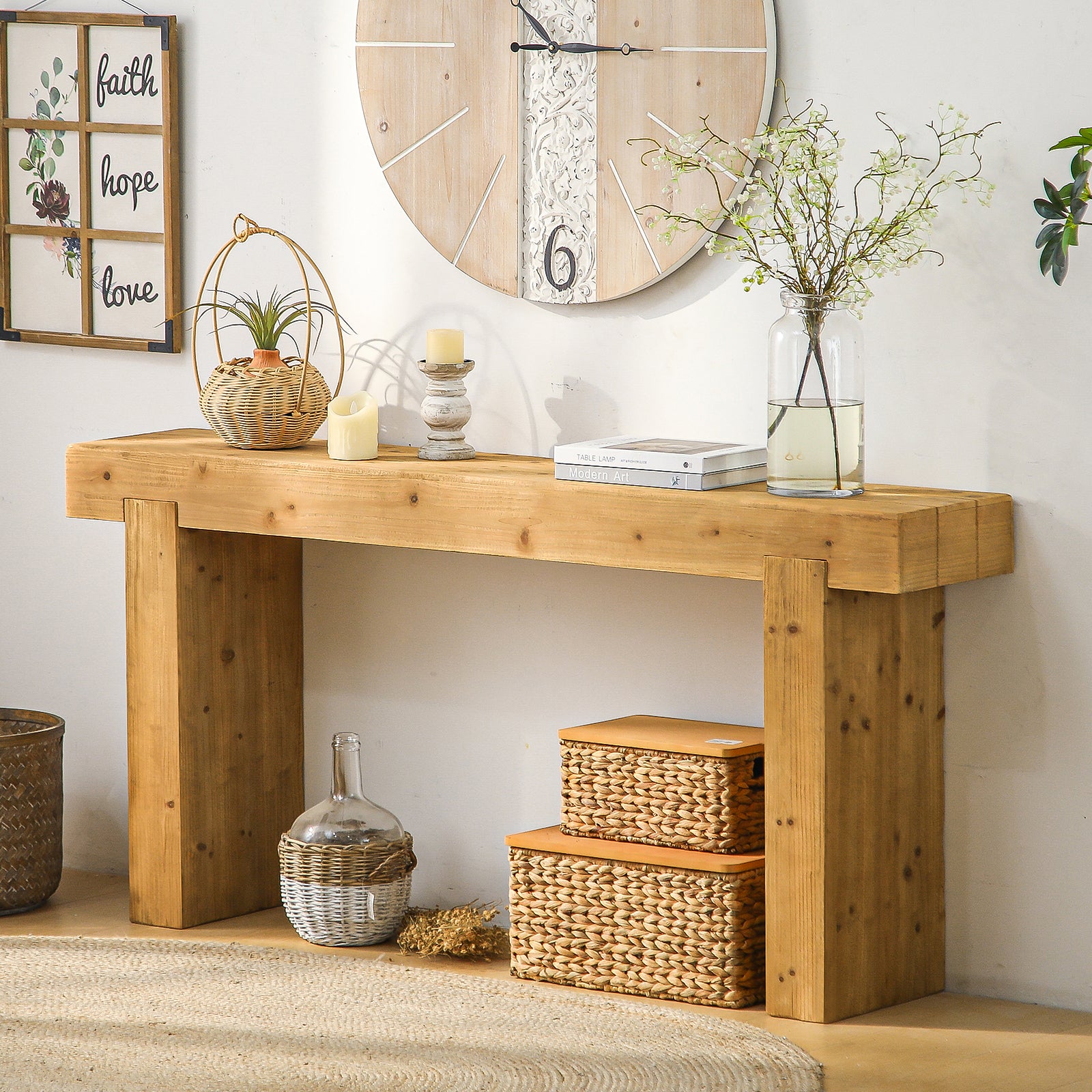 Wooden console table with decorative items in a home setting