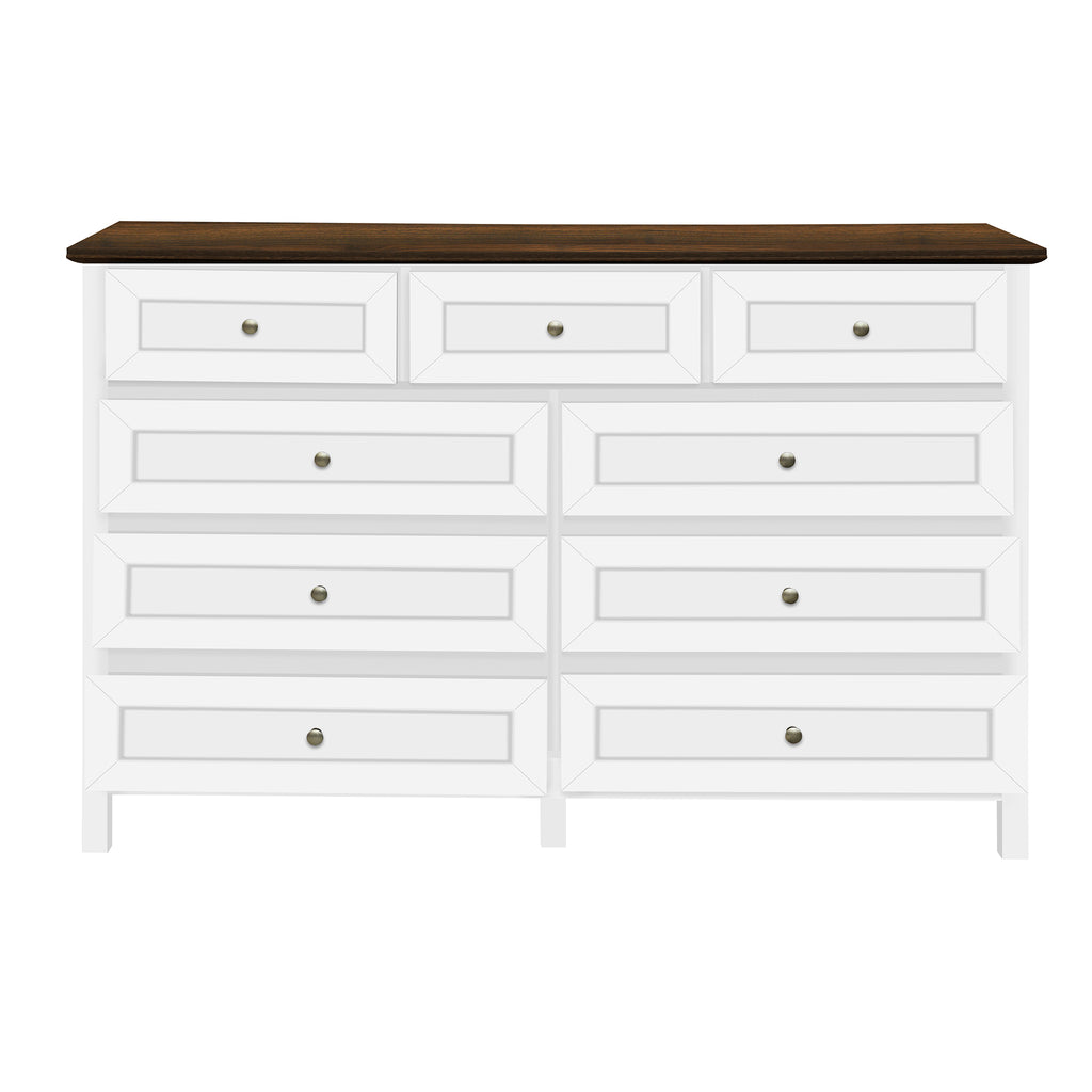 Wood Rustic Storage Dresser with 9 Drawers and Silver Handle, White