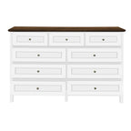 Wood Rustic Storage Dresser with 9 Drawers and Silver Handle, White