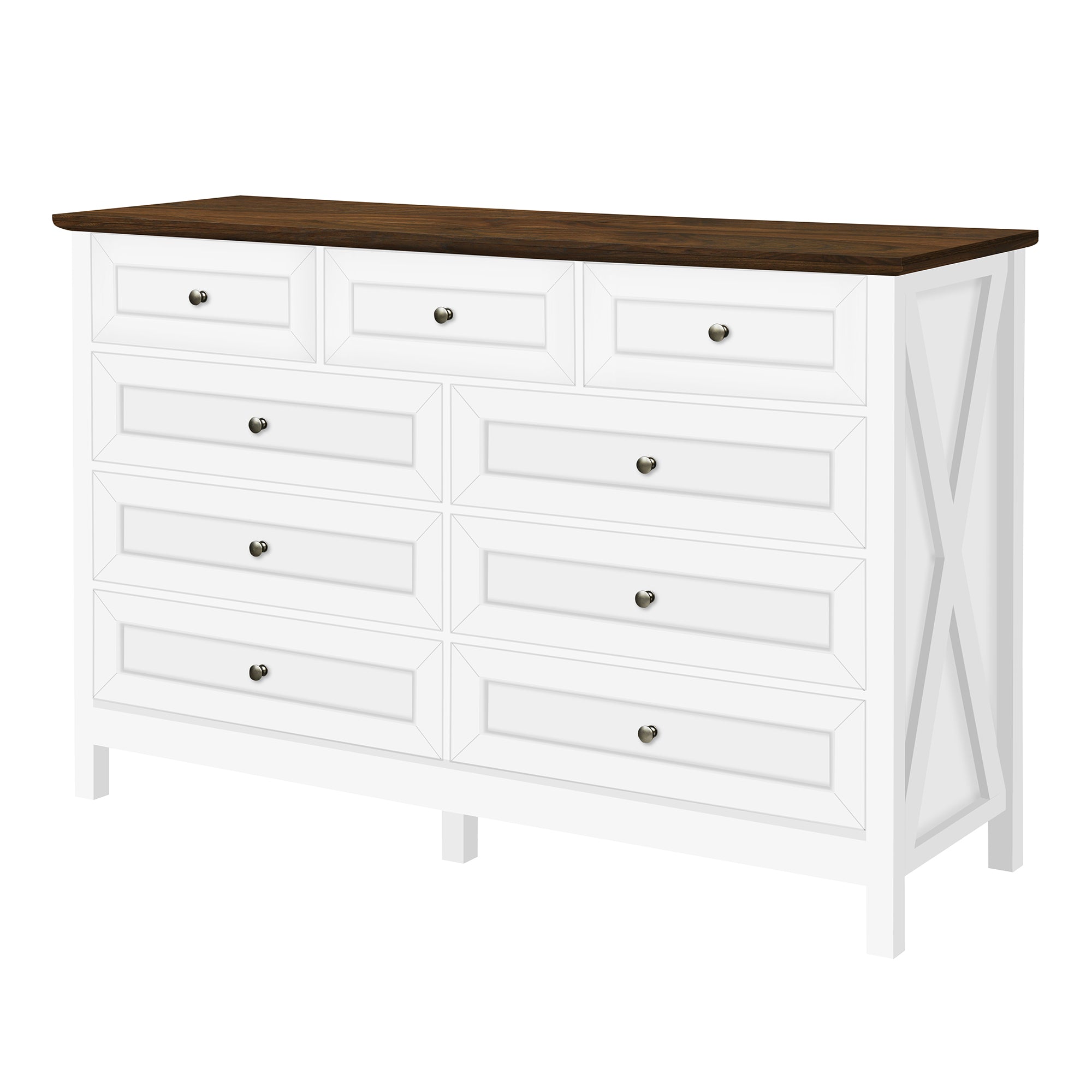 Wood Rustic Storage Dresser with 9 Drawers and Silver Handle, White