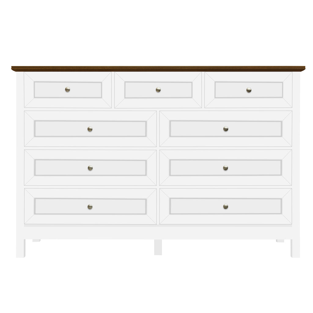 Wood Rustic Storage Dresser with 9 Drawers and Silver Handle, White