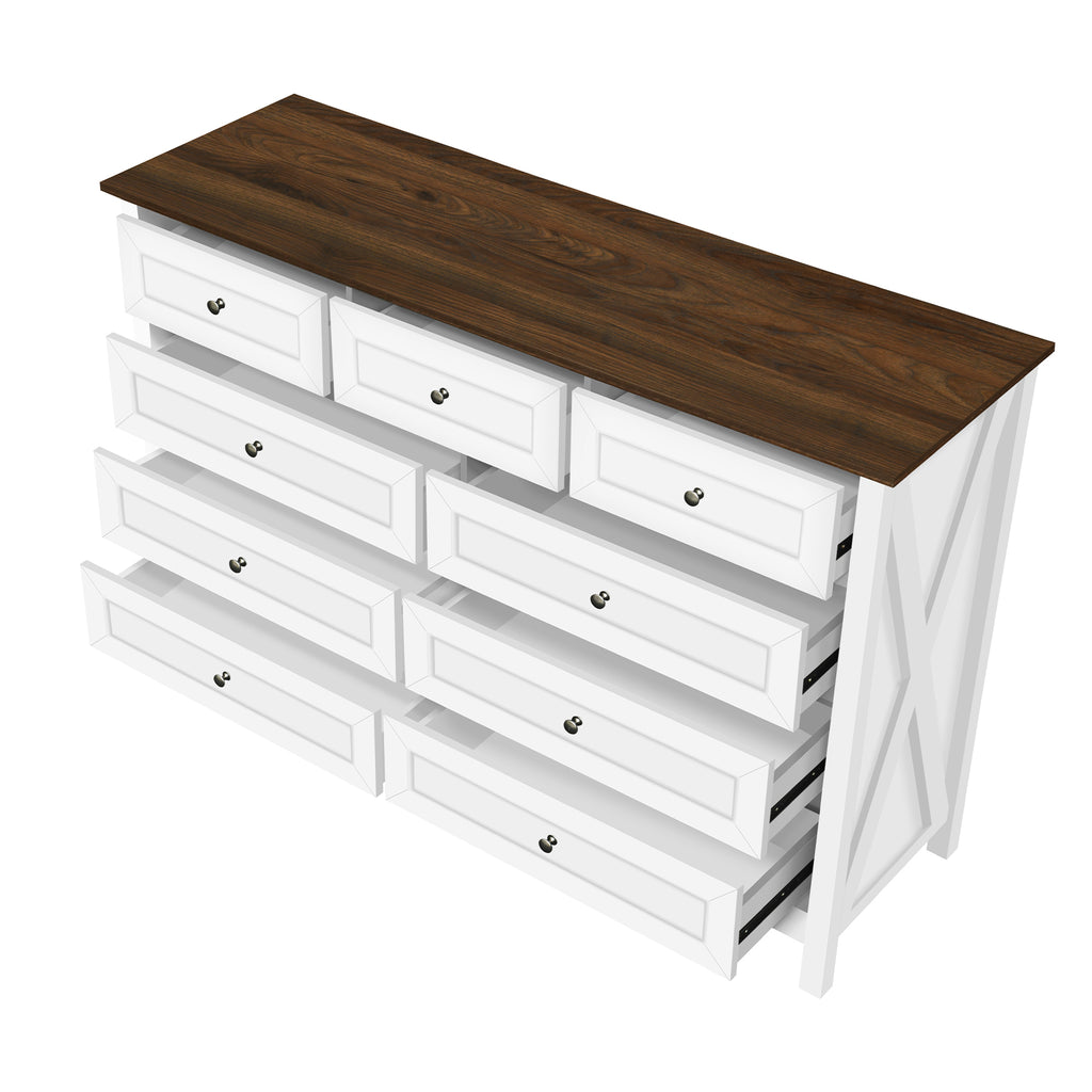 Wood Rustic Storage Dresser with 9 Drawers and Silver Handle, White