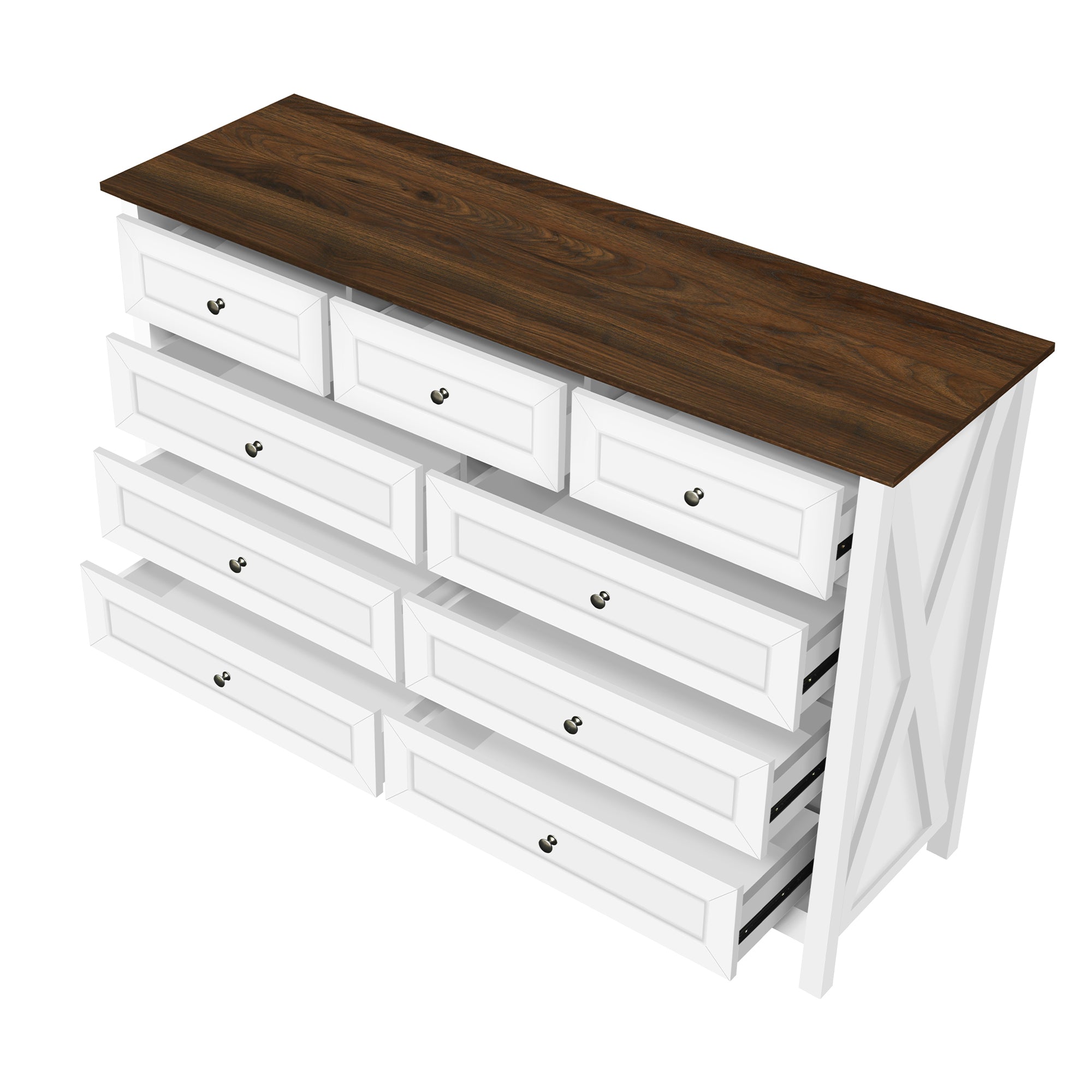 Wood Rustic Storage Dresser with 9 Drawers and Silver Handle, White