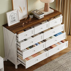 Wood Rustic Storage Dresser with 9 Drawers and Silver Handle, White