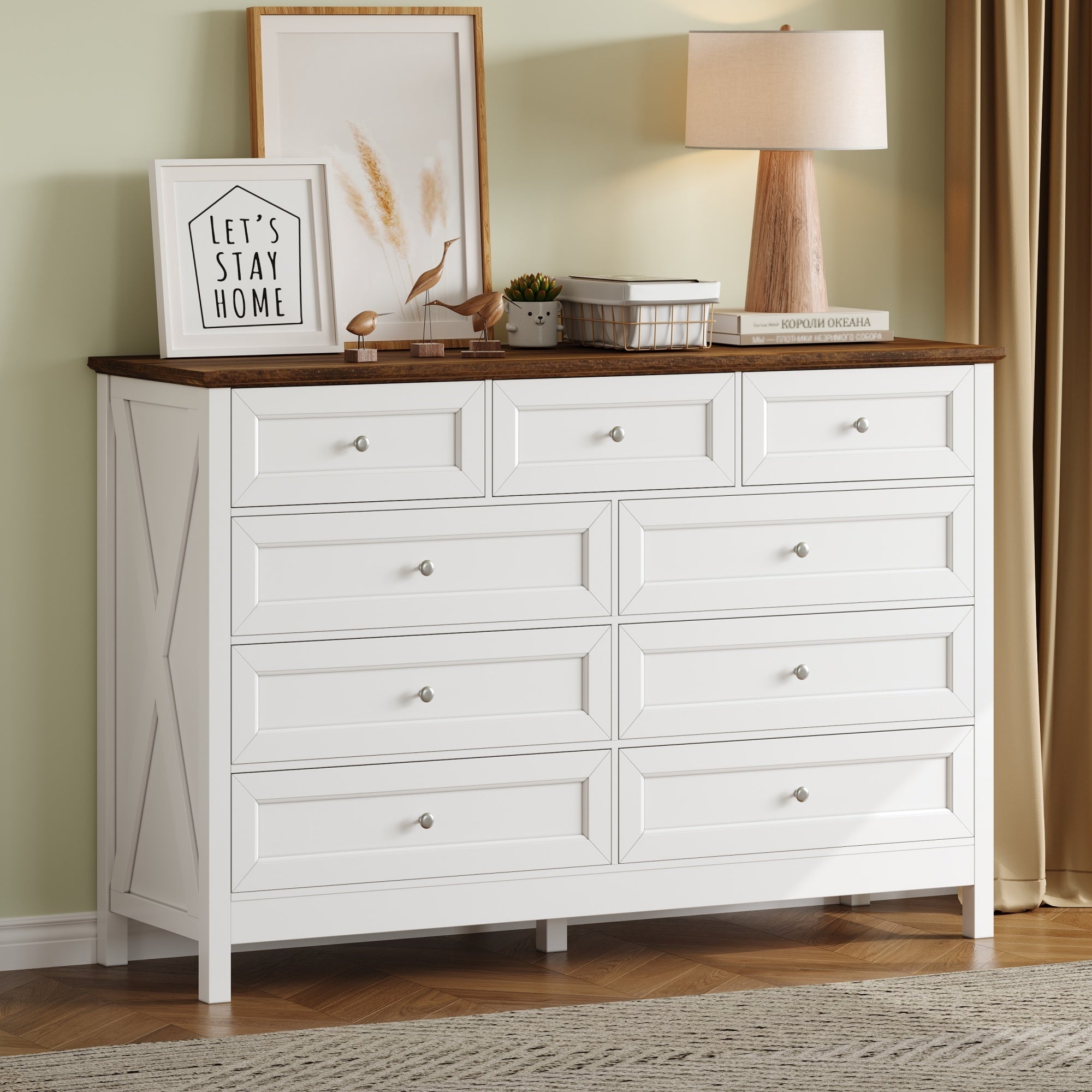 Wood Rustic Storage Dresser with 9 Drawers and Silver Handle, White