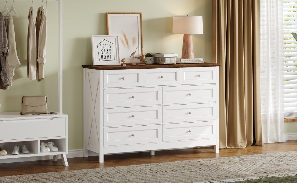 Wood Rustic Storage Dresser with 9 Drawers and Silver Handle, White