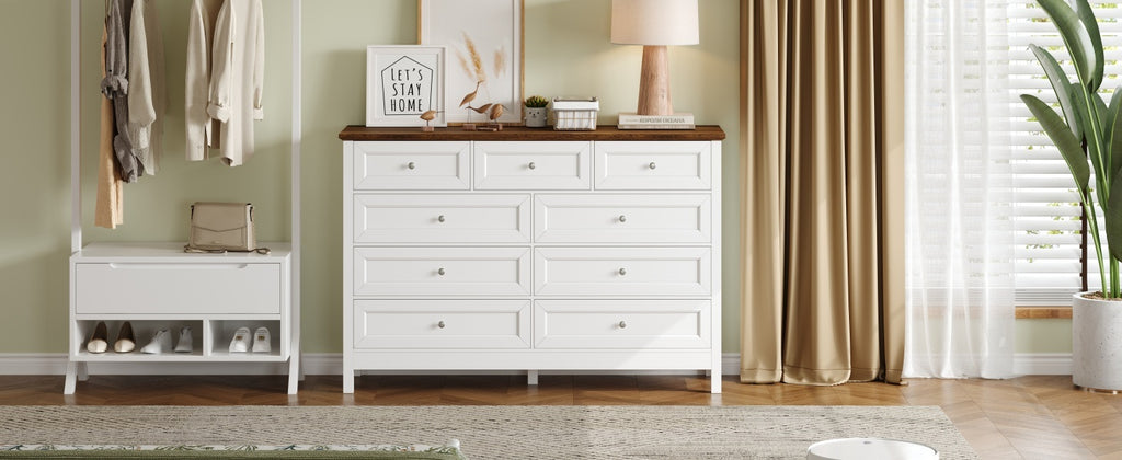 Wood Rustic Storage Dresser with 9 Drawers and Silver Handle, White