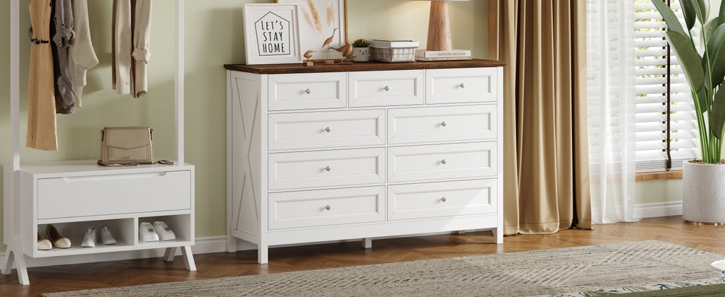 Wood Rustic Storage Dresser with 9 Drawers and Silver Handle, White