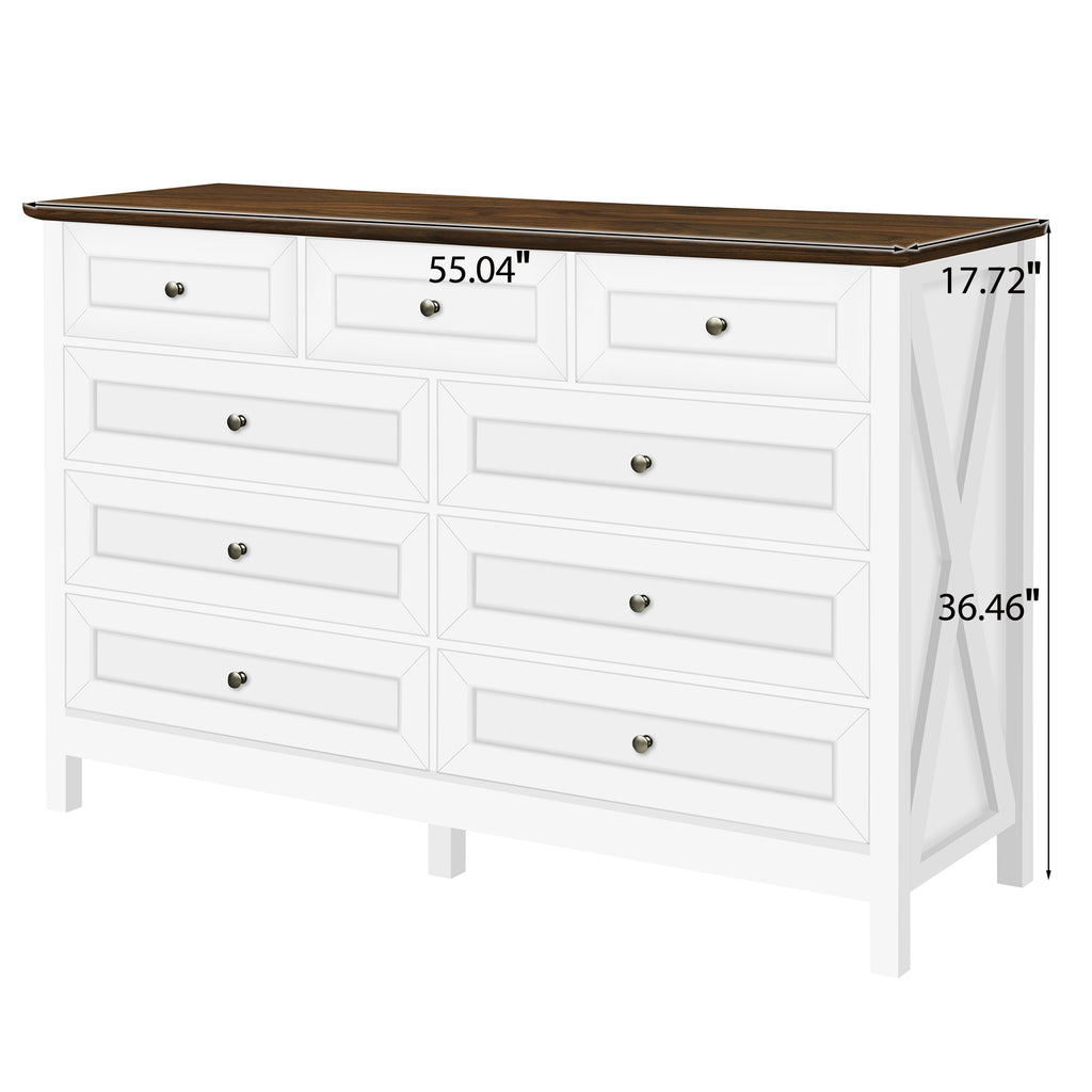 Wood Rustic Storage Dresser with 9 Drawers and Silver Handle, White
