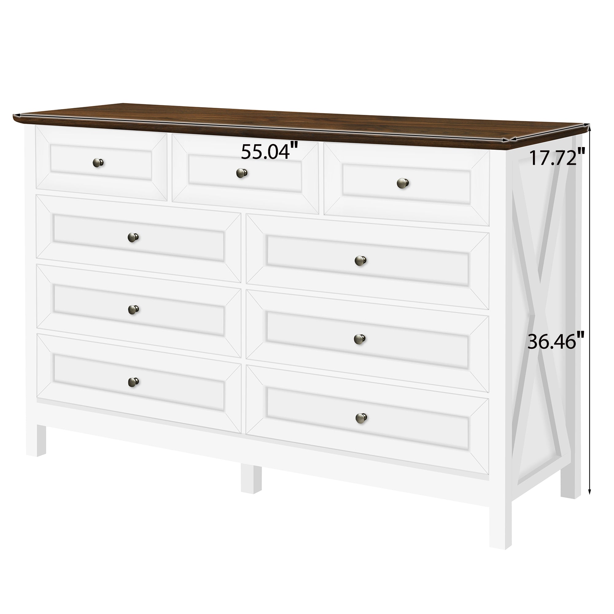 Wood Rustic Storage Dresser with 9 Drawers and Silver Handle, White