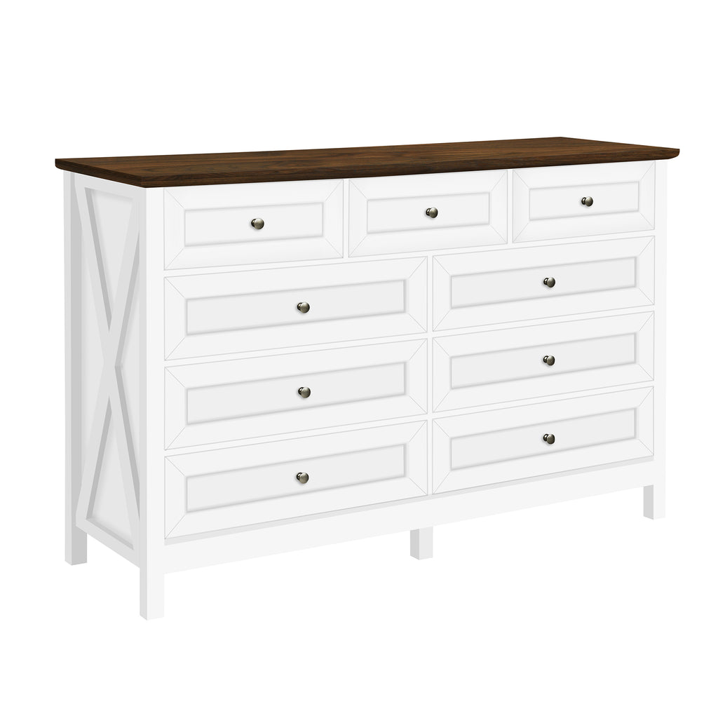 Wood Rustic Storage Dresser with 9 Drawers and Silver Handle, White