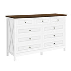 Wood Rustic Storage Dresser with 9 Drawers and Silver Handle, White