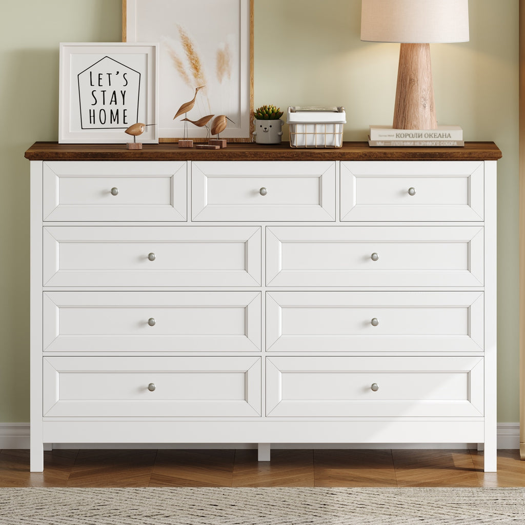 Wood Rustic Storage Dresser with 9 Drawers and Silver Handle, White