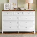 Wood Rustic Storage Dresser with 9 Drawers and Silver Handle, White