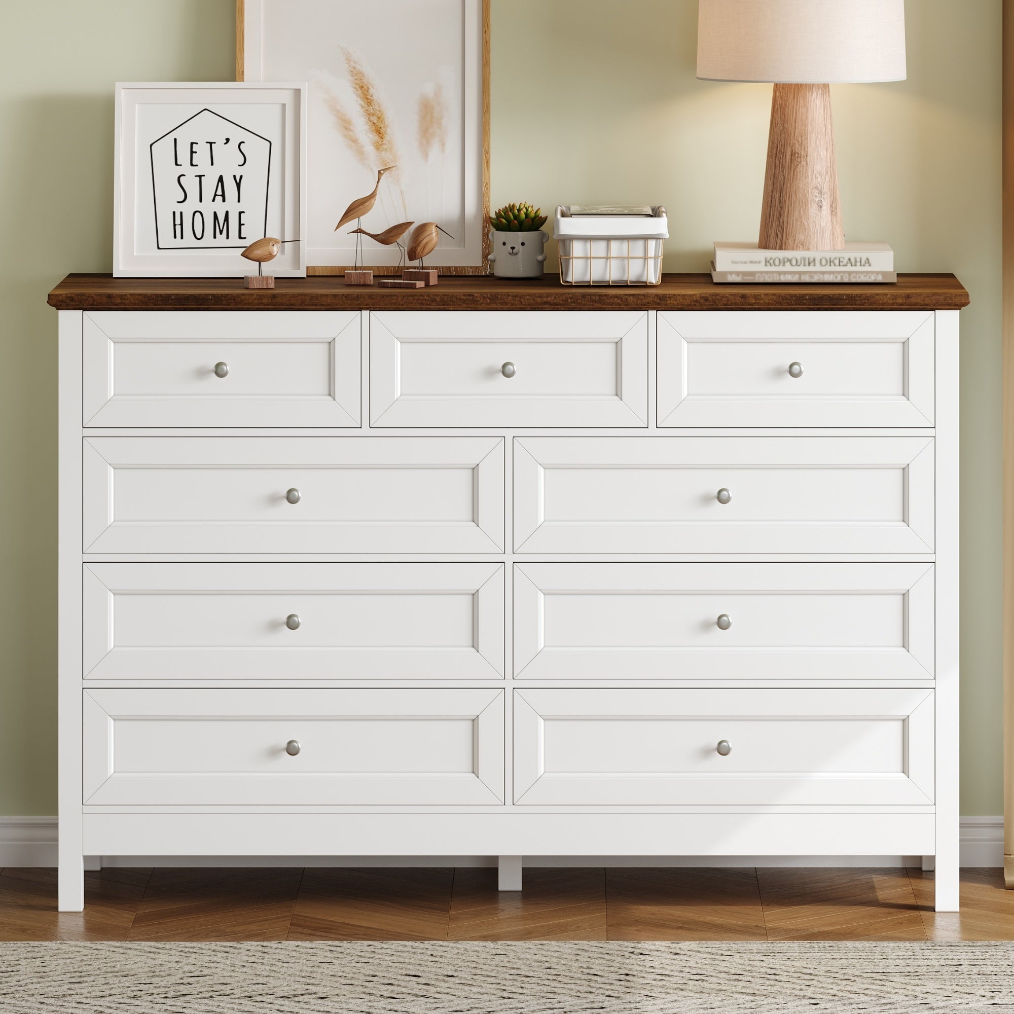 Wood Rustic Storage Dresser with 9 Drawers and Silver Handle, White