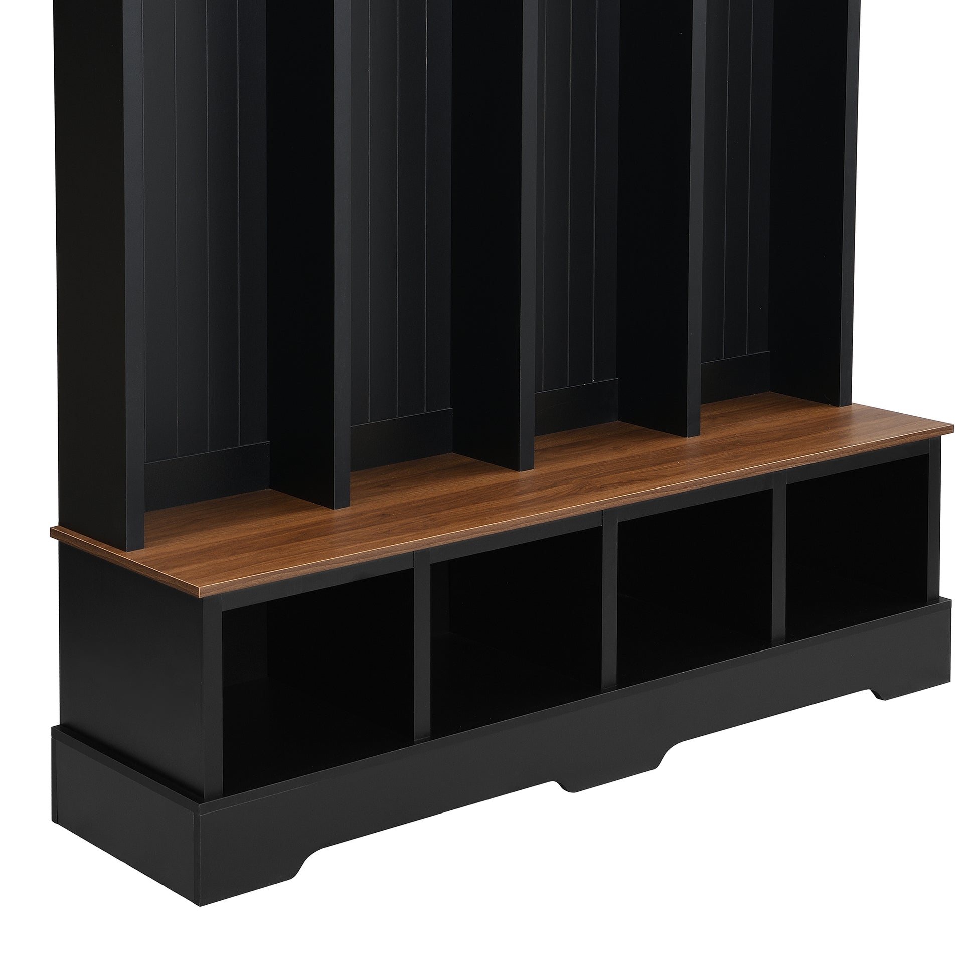 ON-TREND Farmhouse 59'W Wide Hall Tree with 8 Hooks, Practical Entryway Bench with Open Compartments, 76.7'H Modern 3-in-1 Wooden Style Coat and Shoe Rack for Mudroom, Living Room, Black