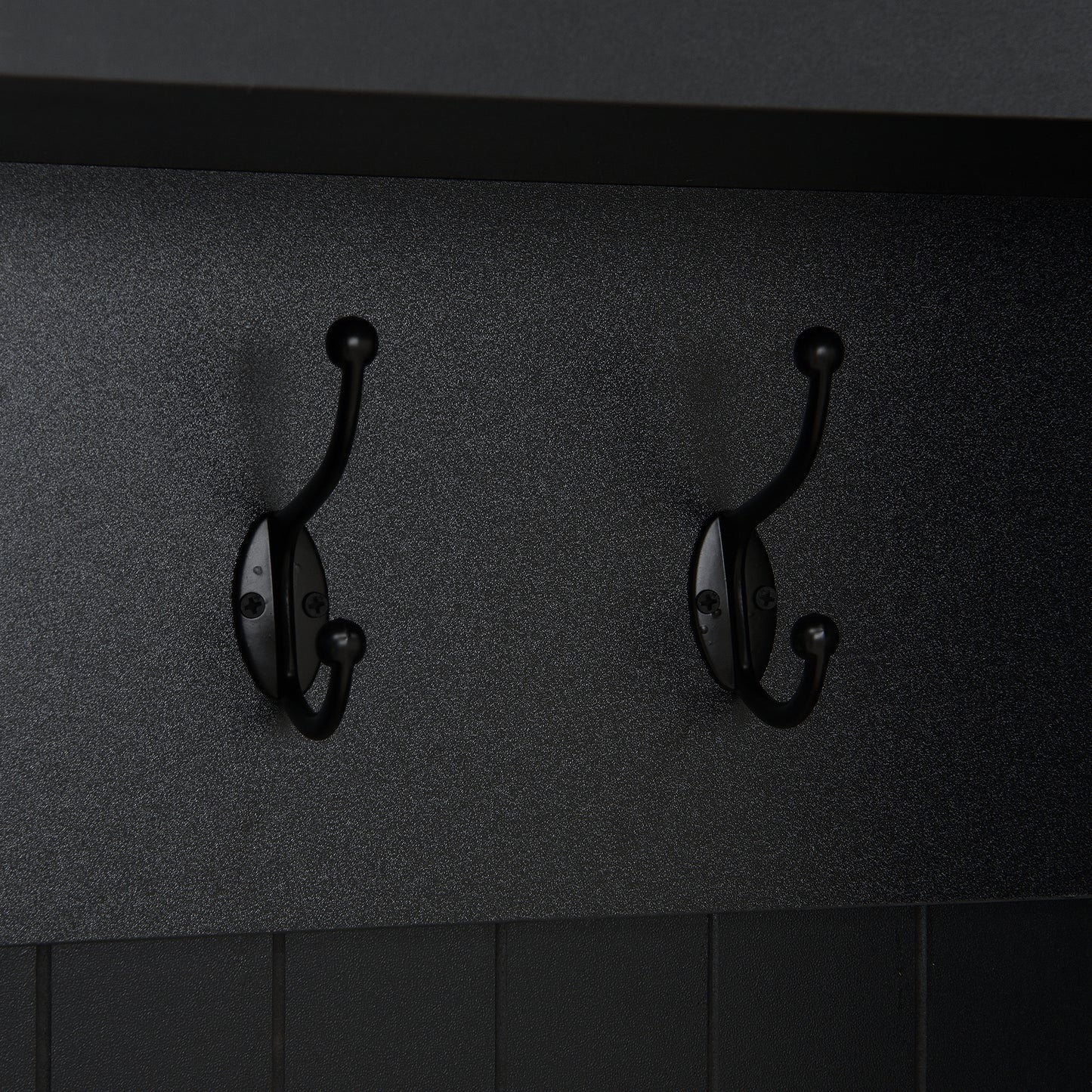 ON-TREND Farmhouse 59'W Wide Hall Tree with 8 Hooks, Practical Entryway Bench with Open Compartments, 76.7'H Modern 3-in-1 Wooden Style Coat and Shoe Rack for Mudroom, Living Room, Black