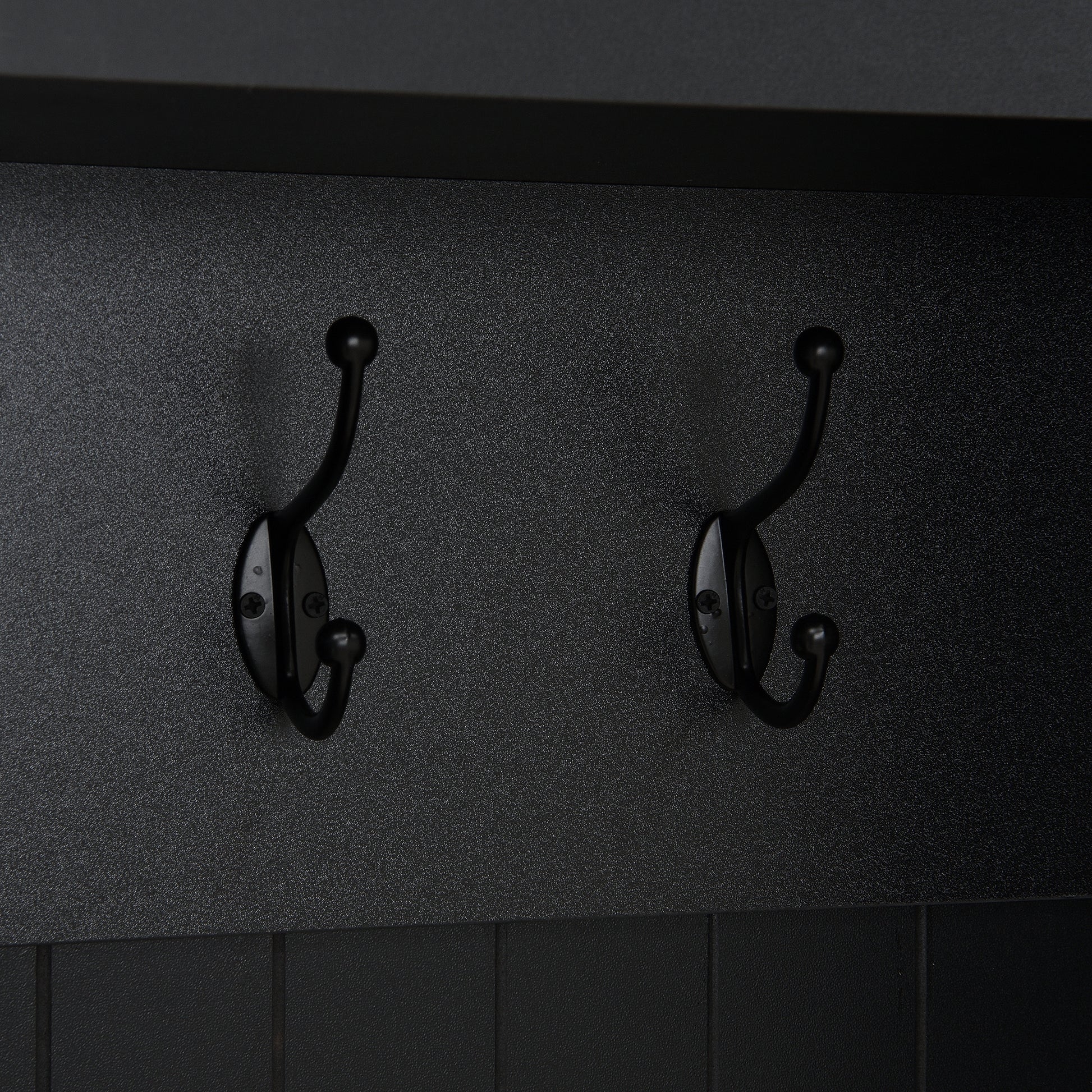 ON-TREND Farmhouse 59'W Wide Hall Tree with 8 Hooks, Practical Entryway Bench with Open Compartments, 76.7'H Modern 3-in-1 Wooden Style Coat and Shoe Rack for Mudroom, Living Room, Black