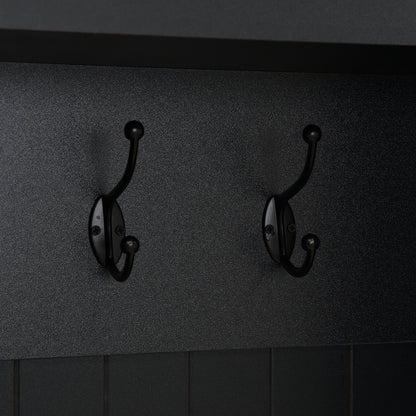 ON-TREND Farmhouse 59'W Wide Hall Tree with 8 Hooks, Practical Entryway Bench with Open Compartments, 76.7'H Modern 3-in-1 Wooden Style Coat and Shoe Rack for Mudroom, Living Room, Black