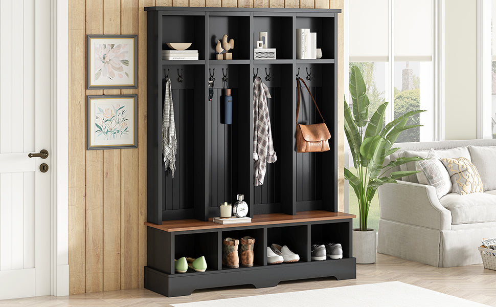 ON-TREND Farmhouse 59'W Wide Hall Tree with 8 Hooks, Practical Entryway Bench with Open Compartments, 76.7'H Modern 3-in-1 Wooden Style Coat and Shoe Rack for Mudroom, Living Room, Black