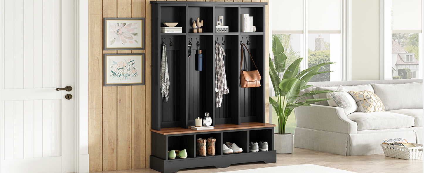 ON-TREND Farmhouse 59'W Wide Hall Tree with 8 Hooks, Practical Entryway Bench with Open Compartments, 76.7'H Modern 3-in-1 Wooden Style Coat and Shoe Rack for Mudroom, Living Room, Black