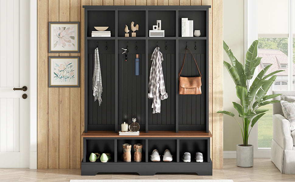 ON-TREND Farmhouse 59'W Wide Hall Tree with 8 Hooks, Practical Entryway Bench with Open Compartments, 76.7'H Modern 3-in-1 Wooden Style Coat and Shoe Rack for Mudroom, Living Room, Black