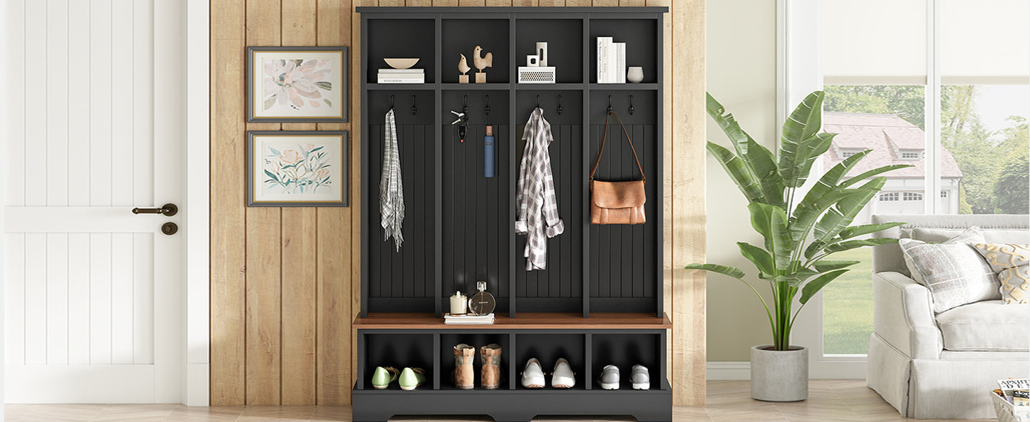 ON-TREND Farmhouse 59'W Wide Hall Tree with 8 Hooks, Practical Entryway Bench with Open Compartments, 76.7'H Modern 3-in-1 Wooden Style Coat and Shoe Rack for Mudroom, Living Room, Black