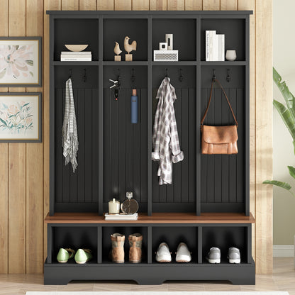 ON-TREND Farmhouse 59'W Wide Hall Tree with 8 Hooks, Practical Entryway Bench with Open Compartments, 76.7'H Modern 3-in-1 Wooden Style Coat and Shoe Rack for Mudroom, Living Room, Black