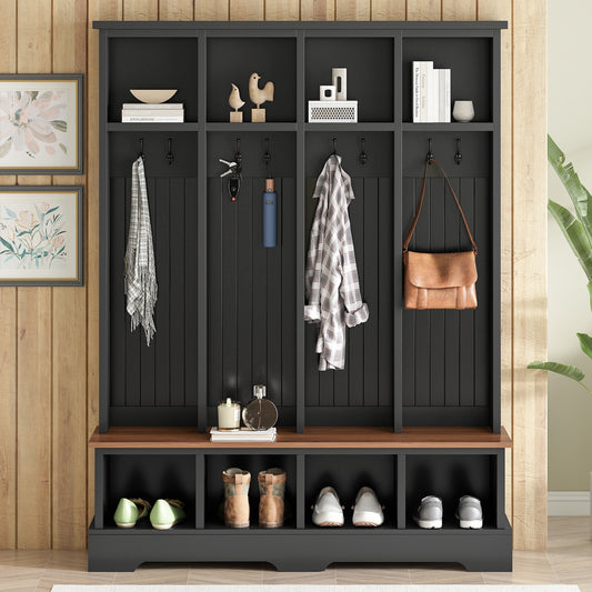ON-TREND Farmhouse 59'W Wide Hall Tree with 8 Hooks, Practical Entryway Bench with Open Compartments, 76.7'H Modern 3-in-1 Wooden Style Coat and Shoe Rack for Mudroom, Living Room, Black