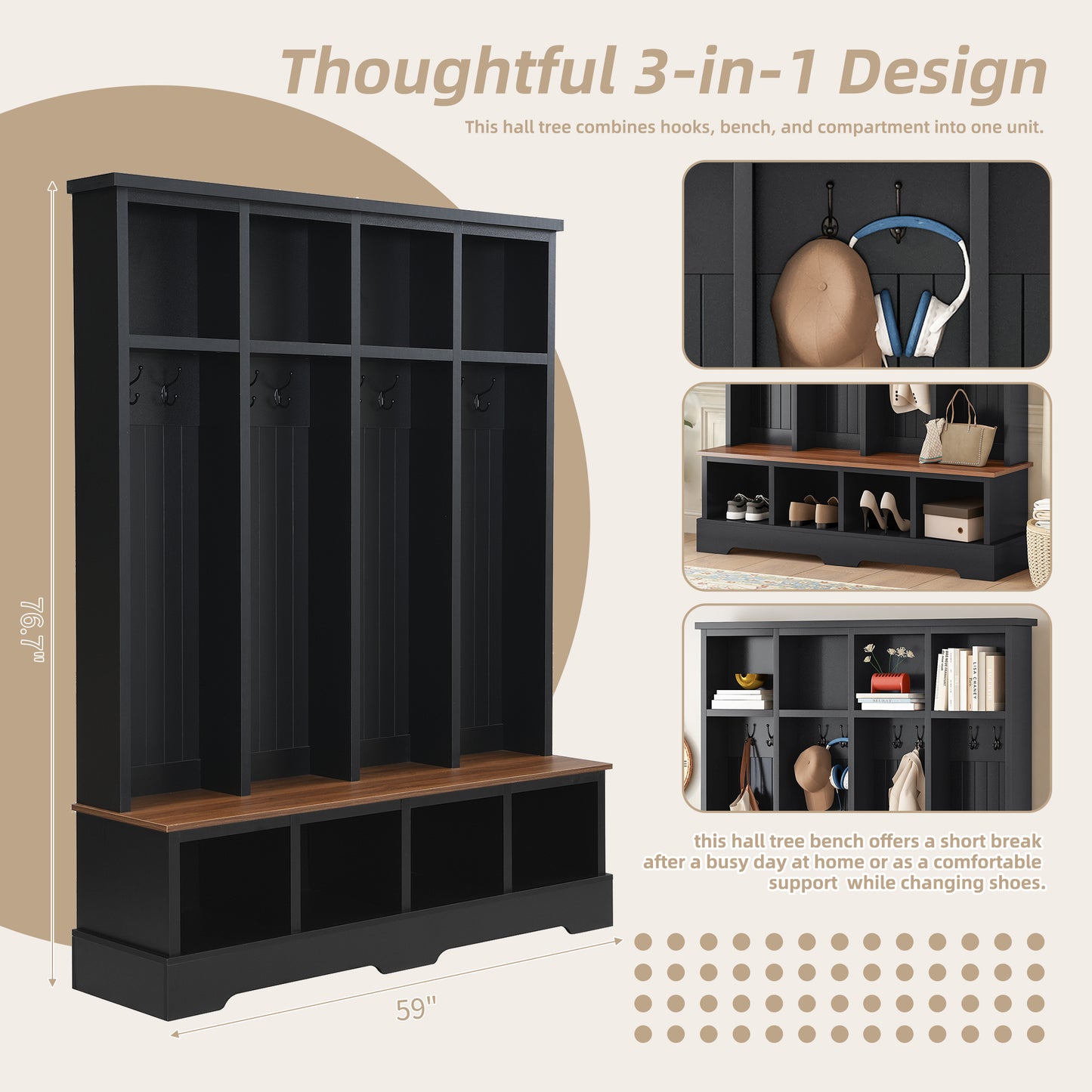 ON-TREND Farmhouse 59'W Wide Hall Tree with 8 Hooks, Practical Entryway Bench with Open Compartments, 76.7'H Modern 3-in-1 Wooden Style Coat and Shoe Rack for Mudroom, Living Room, Black