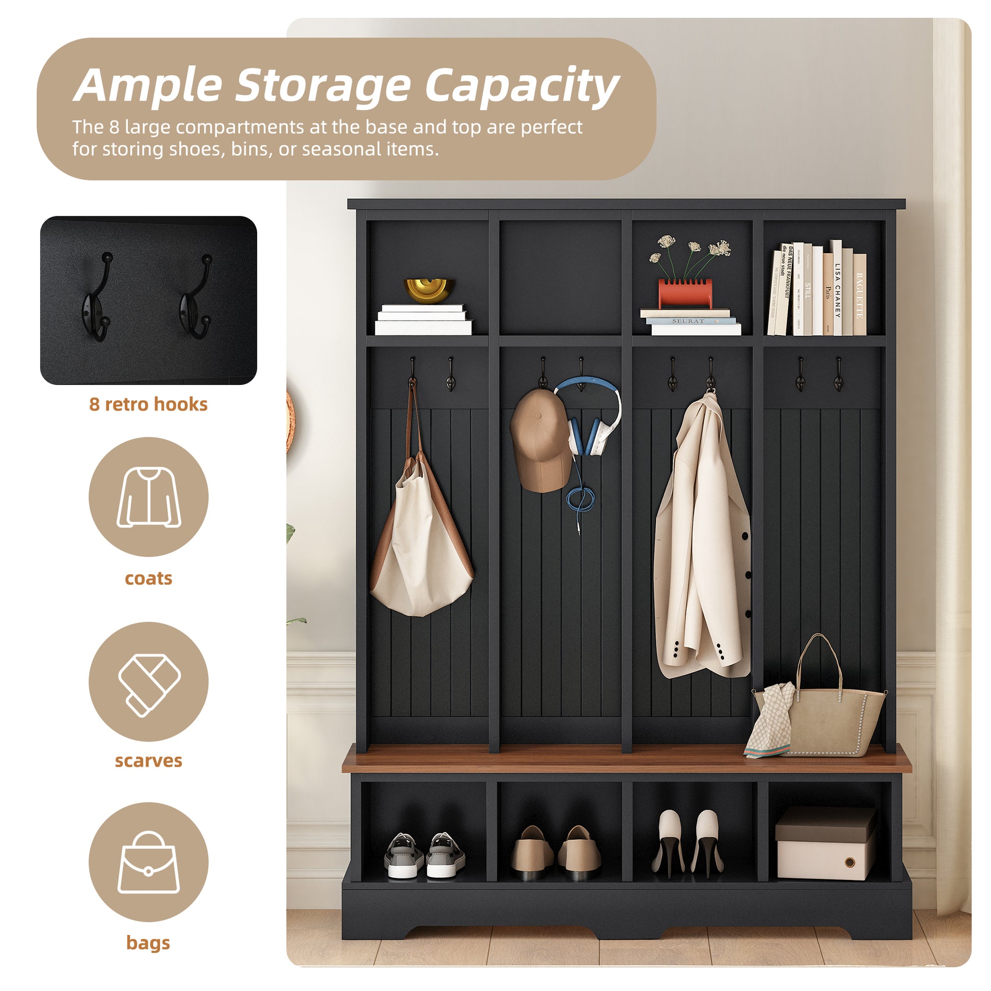 ON-TREND Farmhouse 59'W Wide Hall Tree with 8 Hooks, Practical Entryway Bench with Open Compartments, 76.7'H Modern 3-in-1 Wooden Style Coat and Shoe Rack for Mudroom, Living Room, Black