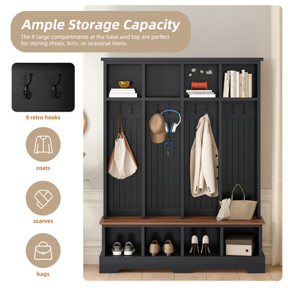 ON-TREND Farmhouse 59'W Wide Hall Tree with 8 Hooks, Practical Entryway Bench with Open Compartments, 76.7'H Modern 3-in-1 Wooden Style Coat and Shoe Rack for Mudroom, Living Room, Black