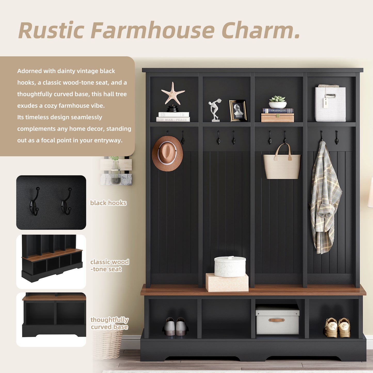 ON-TREND Farmhouse 59'W Wide Hall Tree with 8 Hooks, Practical Entryway Bench with Open Compartments, 76.7'H Modern 3-in-1 Wooden Style Coat and Shoe Rack for Mudroom, Living Room, Black