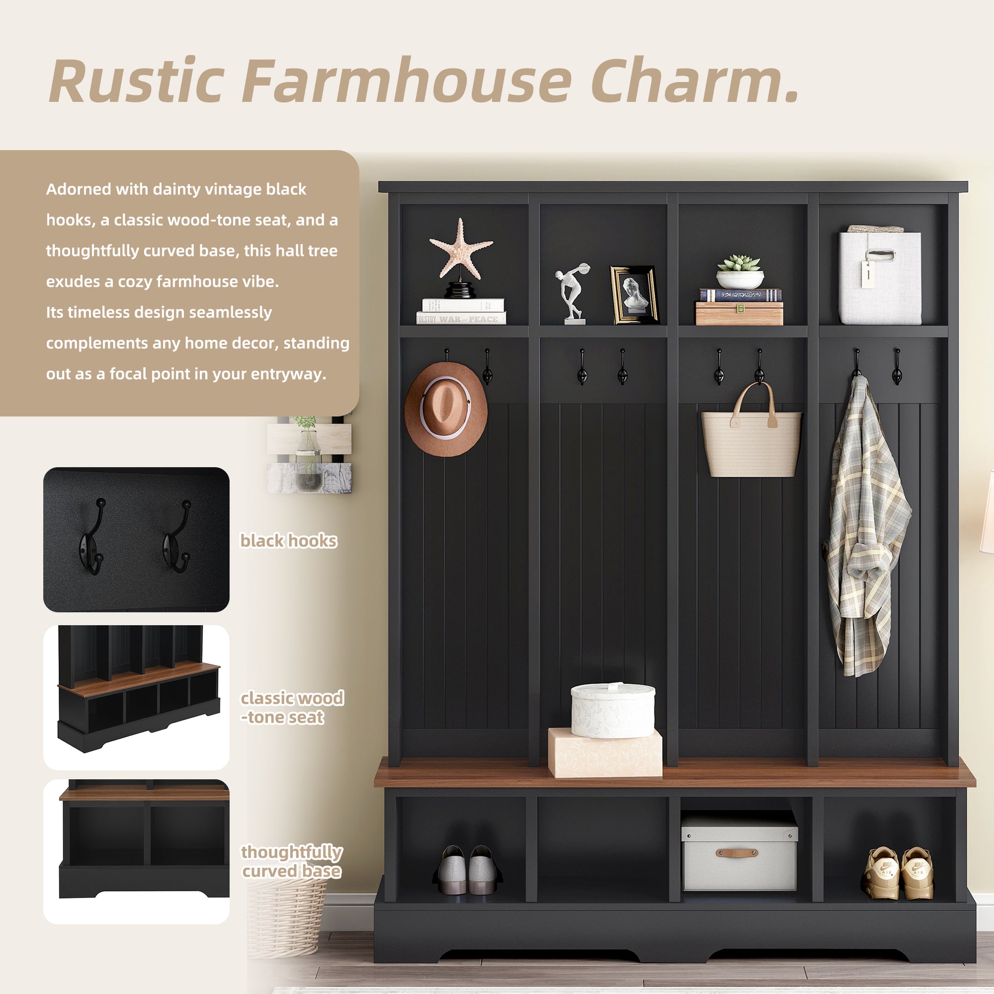 ON-TREND Farmhouse 59'W Wide Hall Tree with 8 Hooks, Practical Entryway Bench with Open Compartments, 76.7'H Modern 3-in-1 Wooden Style Coat and Shoe Rack for Mudroom, Living Room, Black