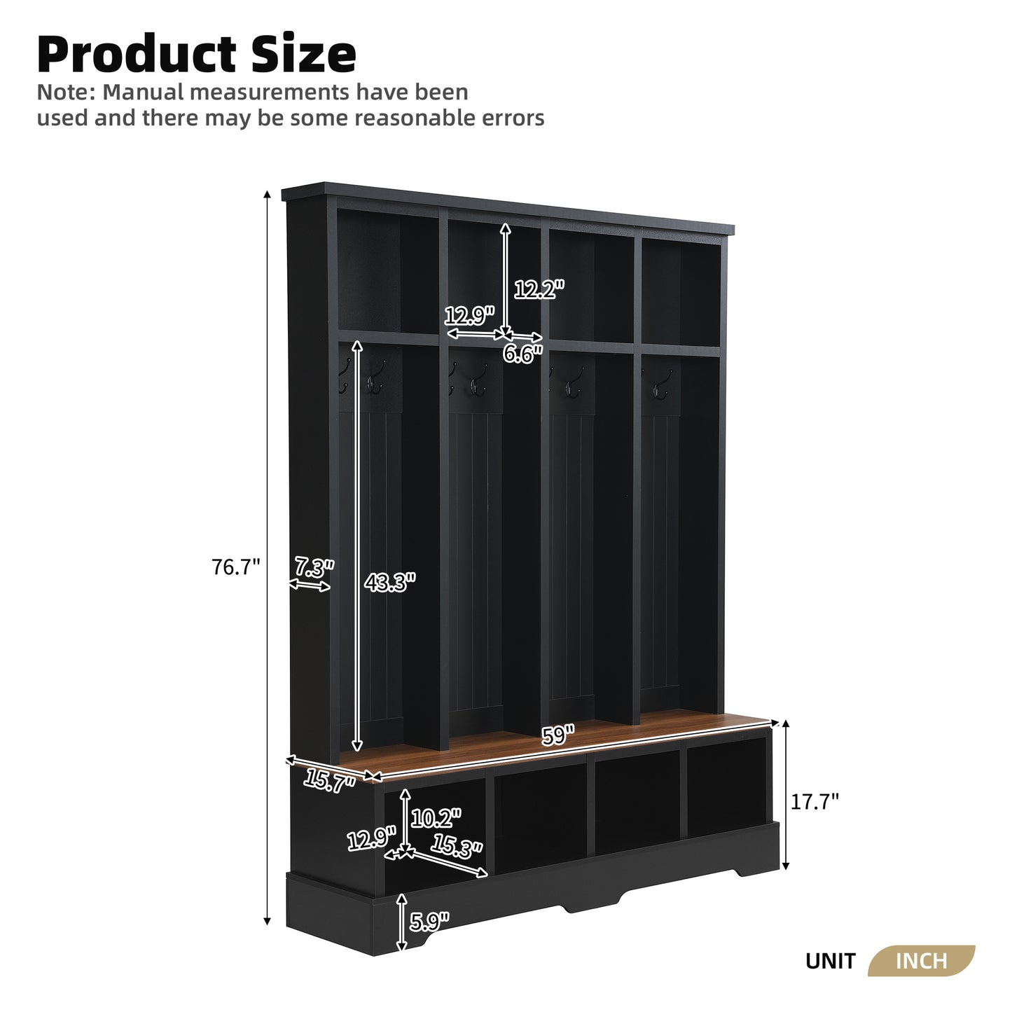 ON-TREND Farmhouse 59'W Wide Hall Tree with 8 Hooks, Practical Entryway Bench with Open Compartments, 76.7'H Modern 3-in-1 Wooden Style Coat and Shoe Rack for Mudroom, Living Room, Black