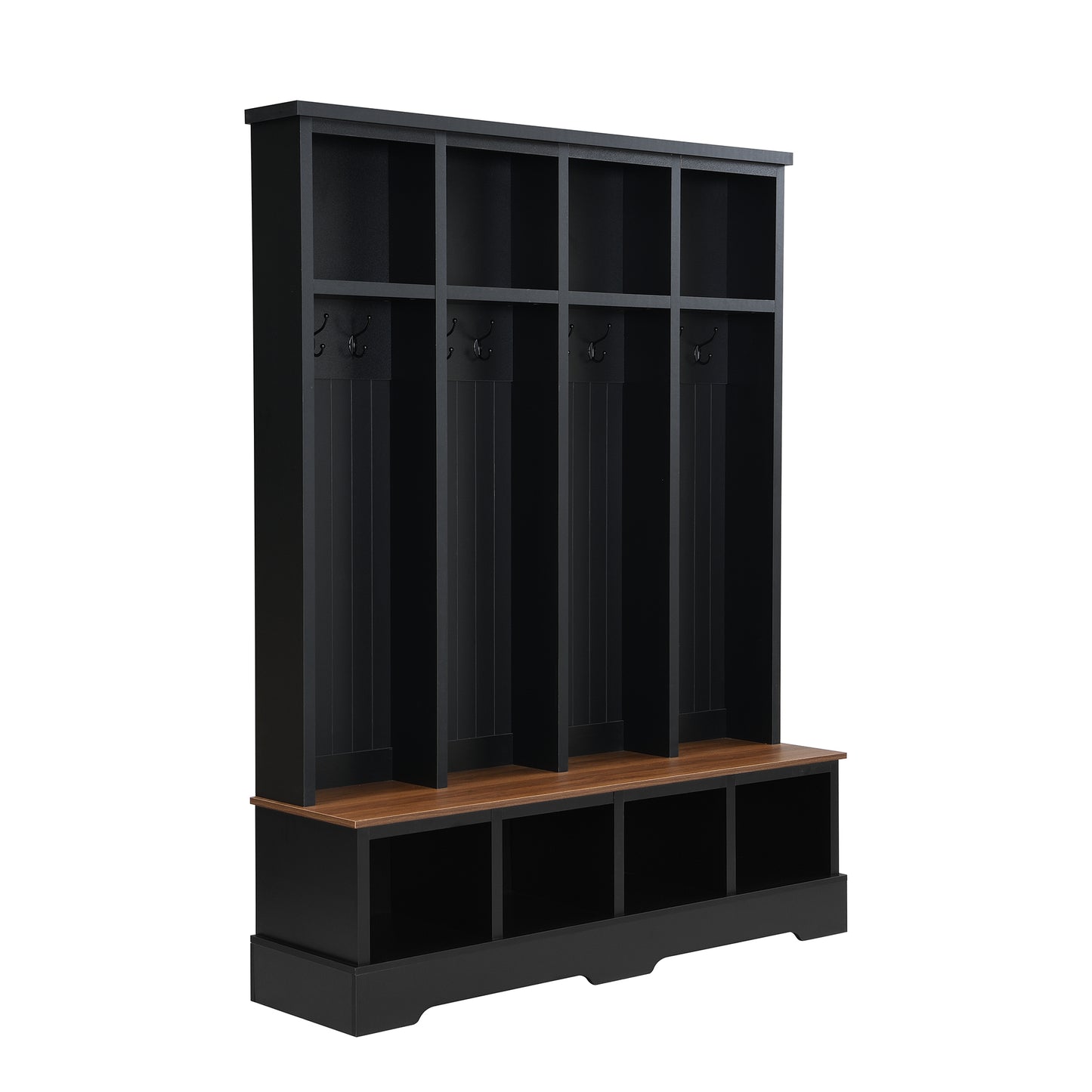 ON-TREND Farmhouse 59'W Wide Hall Tree with 8 Hooks, Practical Entryway Bench with Open Compartments, 76.7'H Modern 3-in-1 Wooden Style Coat and Shoe Rack for Mudroom, Living Room, Black