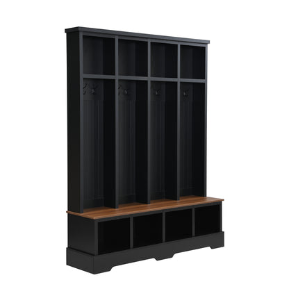 ON-TREND Farmhouse 59'W Wide Hall Tree with 8 Hooks, Practical Entryway Bench with Open Compartments, 76.7'H Modern 3-in-1 Wooden Style Coat and Shoe Rack for Mudroom, Living Room, Black