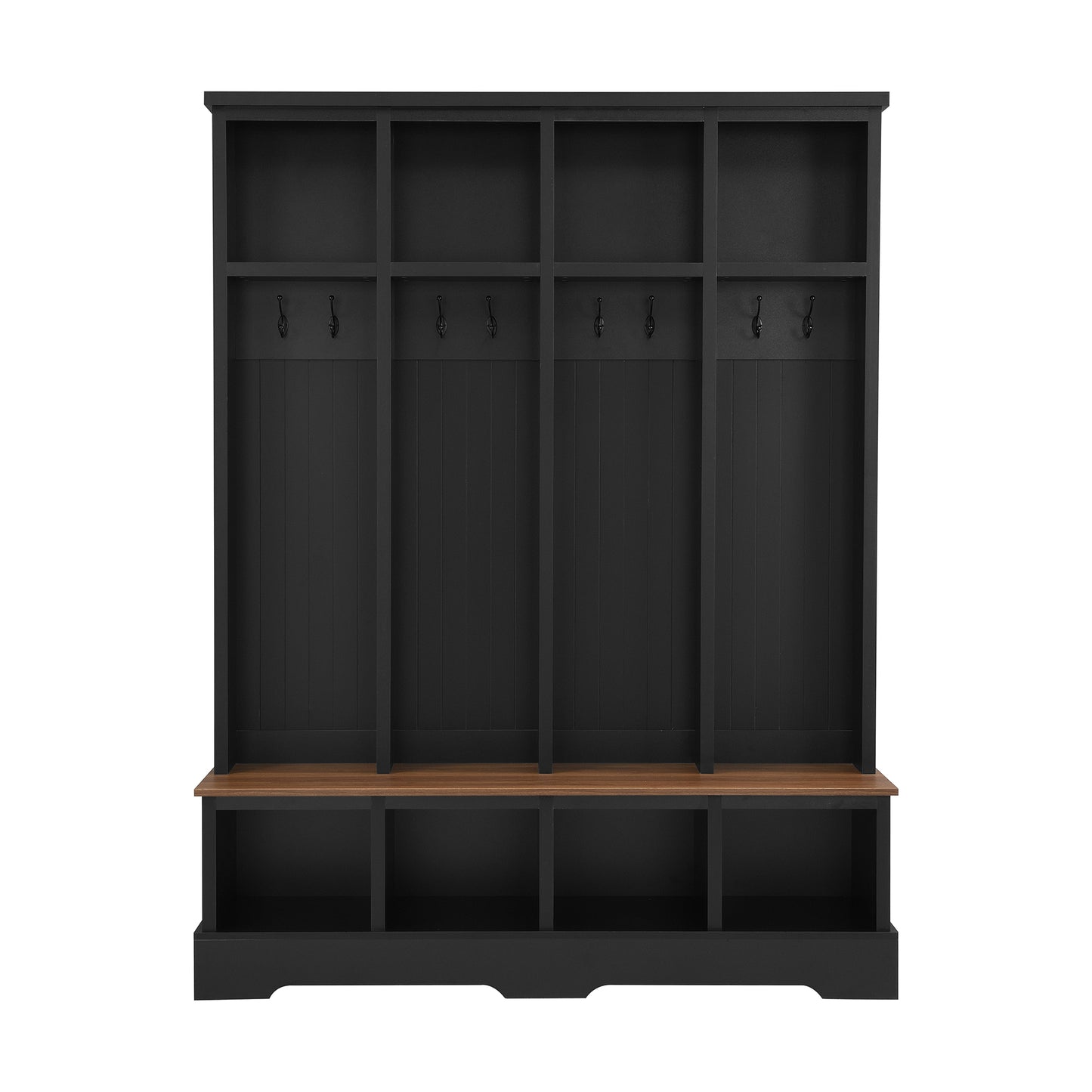 ON-TREND Farmhouse 59'W Wide Hall Tree with 8 Hooks, Practical Entryway Bench with Open Compartments, 76.7'H Modern 3-in-1 Wooden Style Coat and Shoe Rack for Mudroom, Living Room, Black