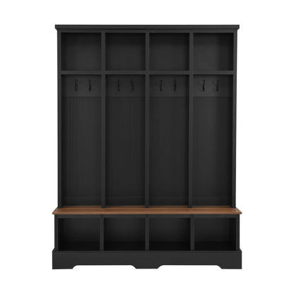 ON-TREND Farmhouse 59'W Wide Hall Tree with 8 Hooks, Practical Entryway Bench with Open Compartments, 76.7'H Modern 3-in-1 Wooden Style Coat and Shoe Rack for Mudroom, Living Room, Black