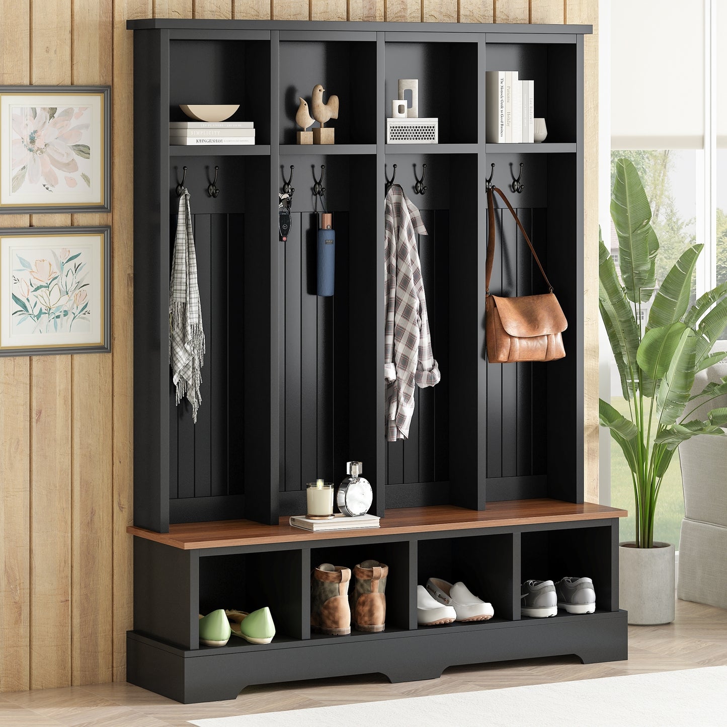 ON-TREND Farmhouse 59'W Wide Hall Tree with 8 Hooks, Practical Entryway Bench with Open Compartments, 76.7'H Modern 3-in-1 Wooden Style Coat and Shoe Rack for Mudroom, Living Room, Black