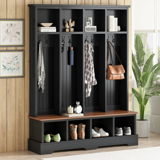 ON-TREND Farmhouse 59'W Wide Hall Tree with 8 Hooks, Practical Entryway Bench with Open Compartments, 76.7'H Modern 3-in-1 Wooden Style Coat and Shoe Rack for Mudroom, Living Room, Black