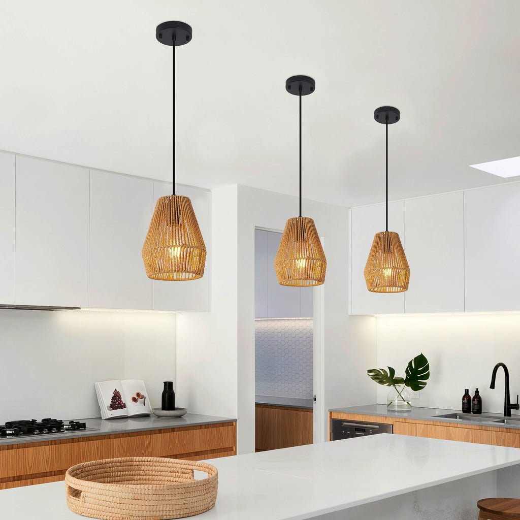 7' Set of 3 Rustic Hemp Rope Pendant Light, Handcrafted Farmhouse Hanging Light Fixture, Adjustable Height Ceiling Lamp for Kitchen Island, Dining Room, or Living Room, Natural Woven Design (No Bulbs)