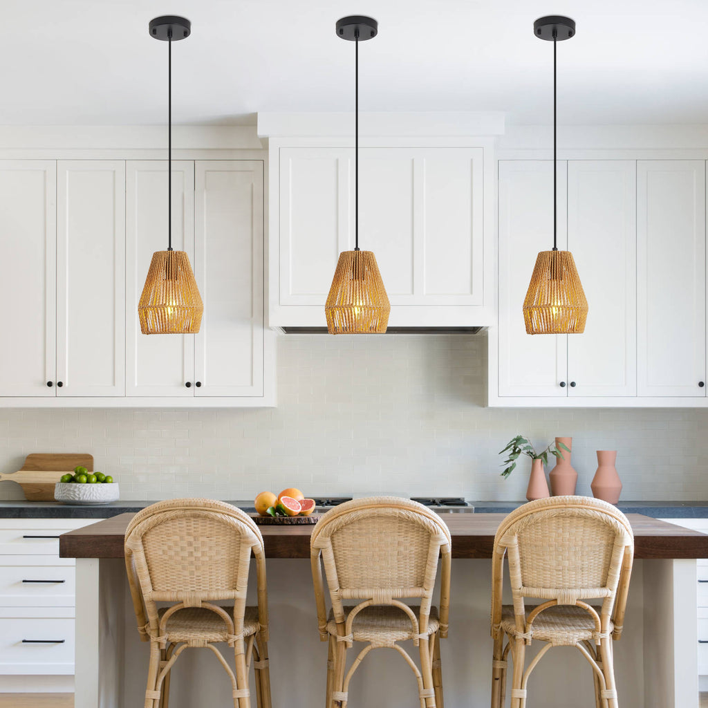 7' Set of 3 Rustic Hemp Rope Pendant Light, Handcrafted Farmhouse Hanging Light Fixture, Adjustable Height Ceiling Lamp for Kitchen Island, Dining Room, or Living Room, Natural Woven Design (No Bulbs)