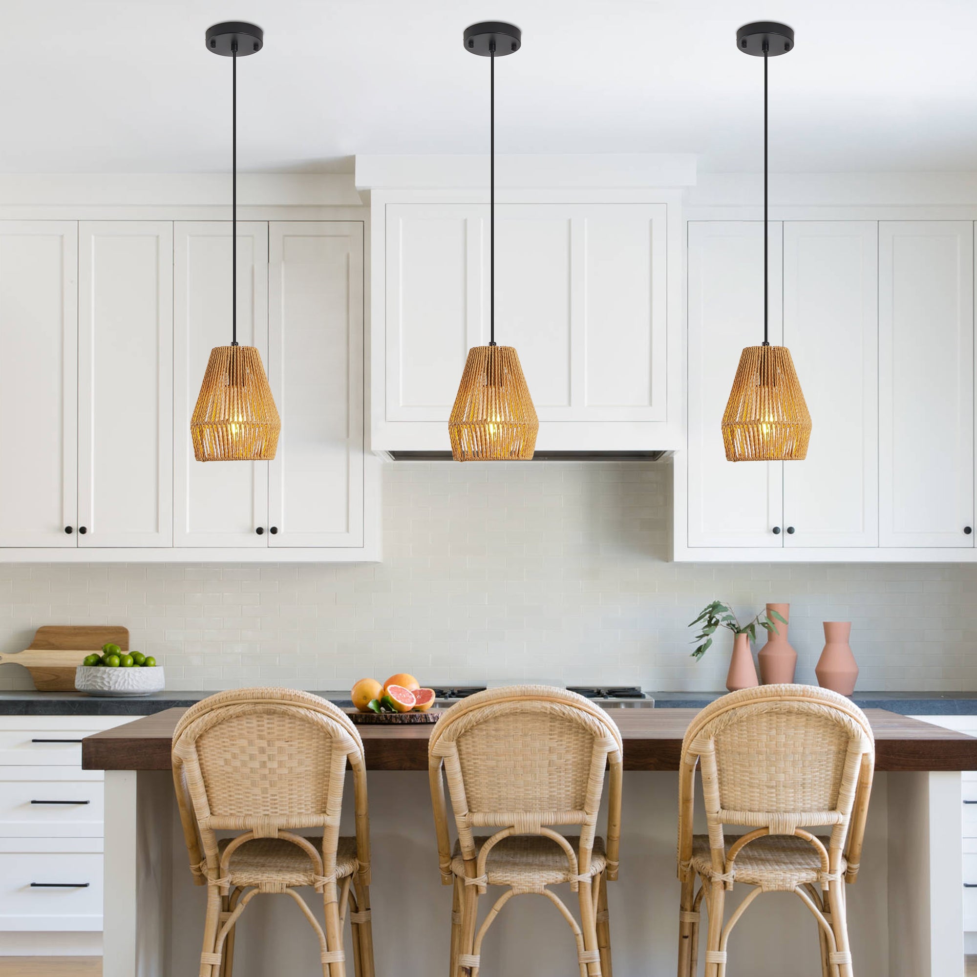 7' Set of 3 Rustic Hemp Rope Pendant Light, Handcrafted Farmhouse Hanging Light Fixture, Adjustable Height Ceiling Lamp for Kitchen Island, Dining Room, or Living Room, Natural Woven Design (No Bulbs)