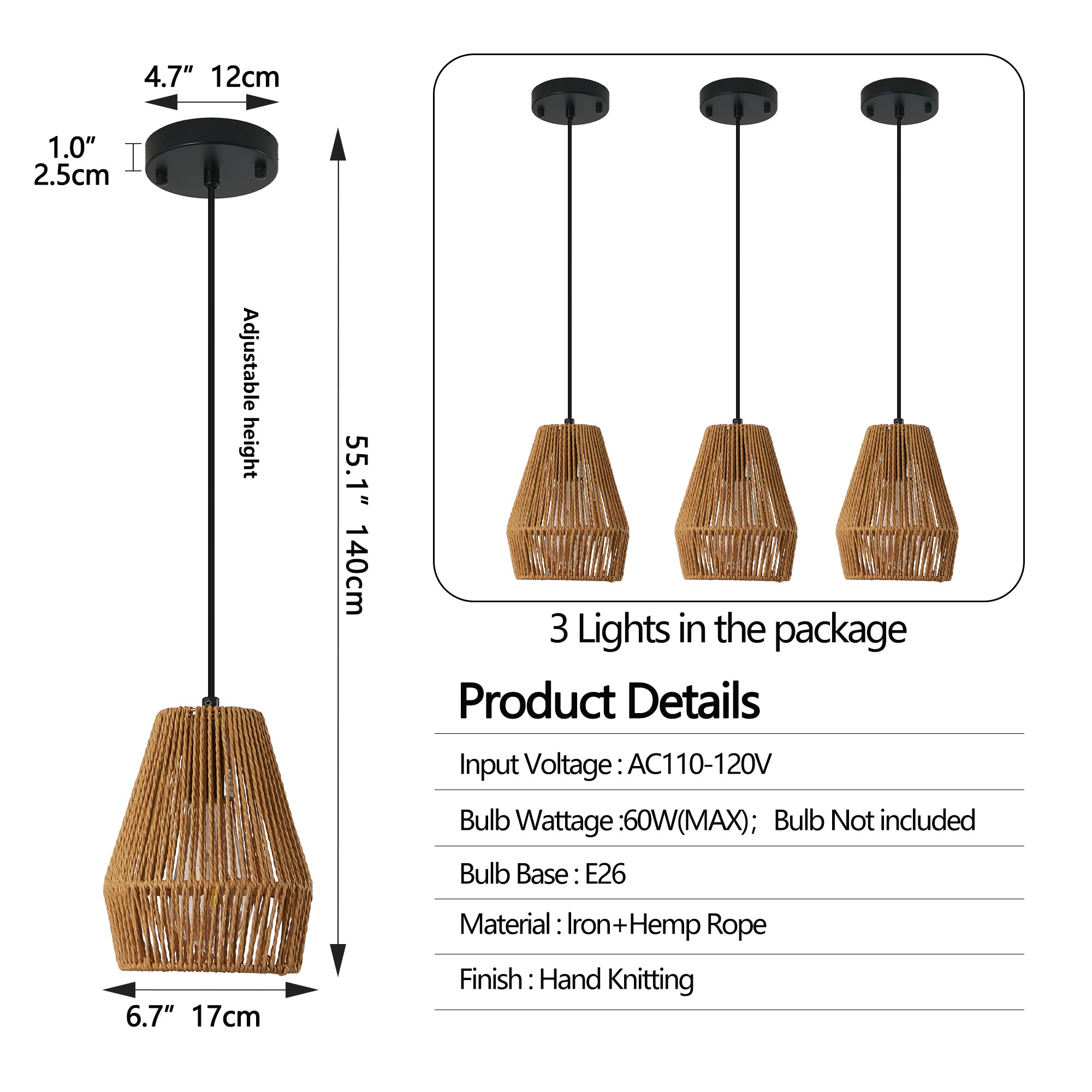 7' Set of 3 Rustic Hemp Rope Pendant Light, Handcrafted Farmhouse Hanging Light Fixture, Adjustable Height Ceiling Lamp for Kitchen Island, Dining Room, or Living Room, Natural Woven Design (No Bulbs)