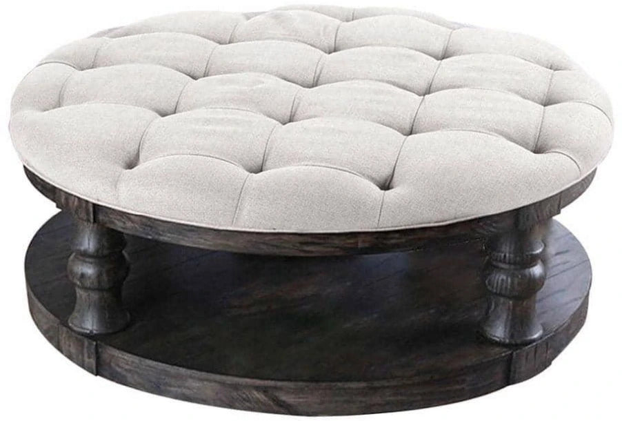Rustic Style Round Wooden Coffee Table Antique Gray Finish supported Turned Legs And Open Shelf