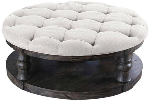 Rustic Round Wooden Coffee Table with Antique Gray Finish.